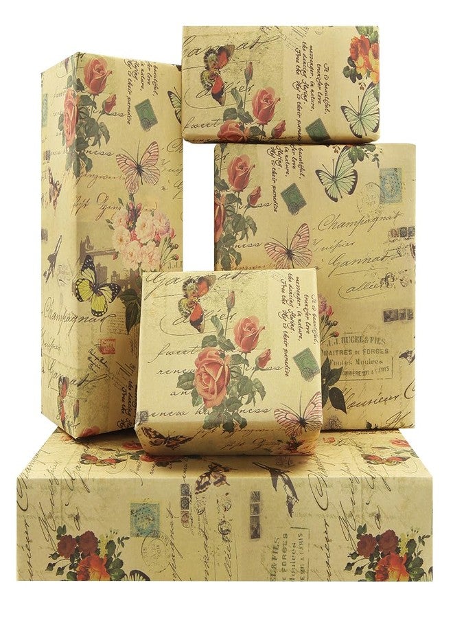 Boerni Retro Pink Roses Blossom Branches and Butterflies With Script Writing On Tan Wrapping Paper 28"(W) x20"(L) per sheet (6 sheets: 23 sq. ft. ttl.) for Birthday Weddings Valentines Bridal Shower - Image 1